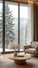 Fototapeta premium serene winter living room with mountain view