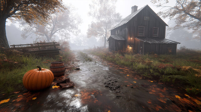 Rustic cabin surrounded by autumn foliage in countryside setting