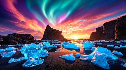 Mesmerizing aurora borealis over icy beach at sunset, with vibrant colors painting the sky and reflecting on scattered ice chunks along a rocky coastline.