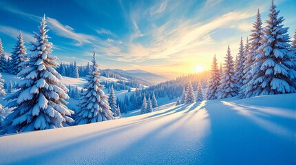 A serene winter landscape featuring snow-covered pine trees and a bright sunrise casting long shadows across the white, undisturbed snow.