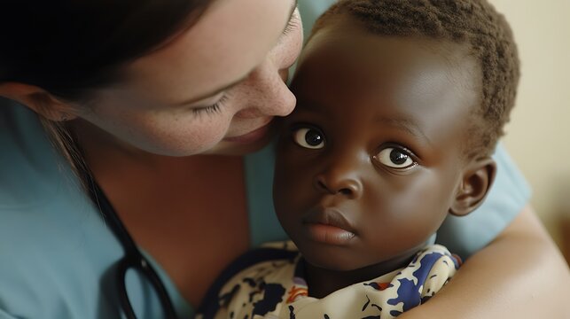 A woman is holding a baby with a black face