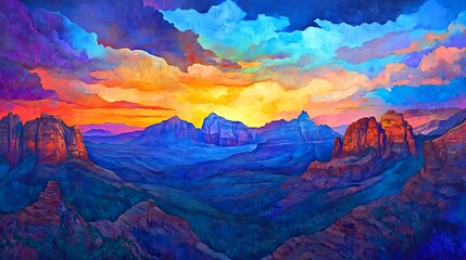 Naklejka premium Vibrant Sunset Over Majestic Mountain Range