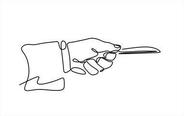 One continuous line. The hand holds a banknote. Money signs. Banknote in hand. Paper money. Hand palm. One continuous line drawn isolated, white background.	