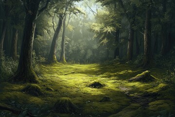 Obraz premium A dense forest with moss-covered ground, creating an ethereal and mystical atmosphere.
