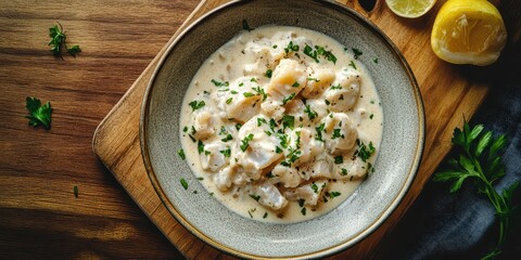 Creamy cod dish in a ceramic plate on a wooden board, half reserved for text, top view, professional photography.
