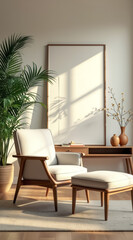 Fototapeta premium mid-century modern chair ottoman sunlit room