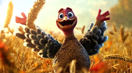 Obraz premium A cartoon turkey character happily dancing in front of a harvest backdrop.