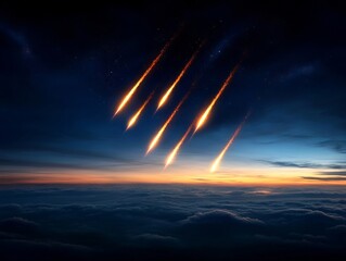 Obraz premium A group of meteorites flying over the clouds at night