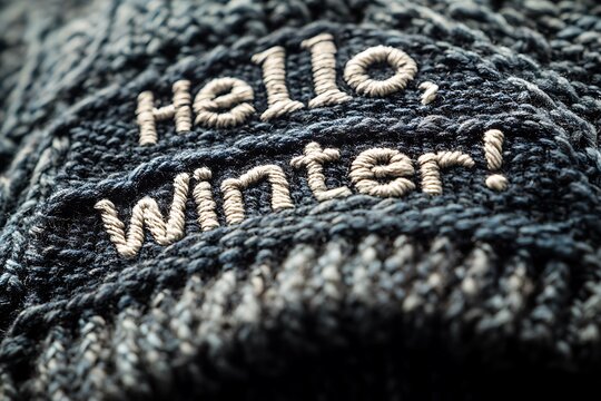 Hello winter. embroidered on knitted wool fabric