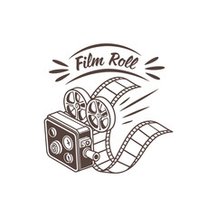 Hand drawn vintage style film production logo design template with vector illustration 