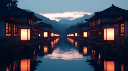 Fototapeta premium Serene Asian Canal Town at Dusk Illuminated Houses Calm Waters Mountains