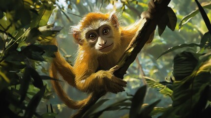 Obraz premium Adorable golden monkey clinging to a tree branch in a lush green forest.
