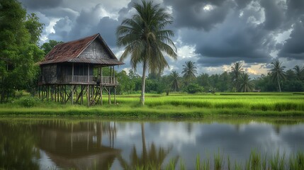 Obraz premium Elevated Stilt House beside Lush Green Rice Paddy Field