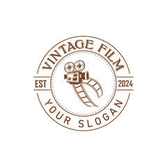Hand drawn vintage style film production logo design template with vector illustration 