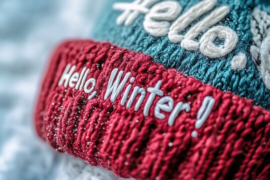 Knitted winter hats saying hello and hello winter.