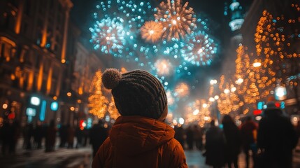Obraz premium Here's a possible and keyword list for your stock photo.. Child watches dazzling fireworks display over city street at night.