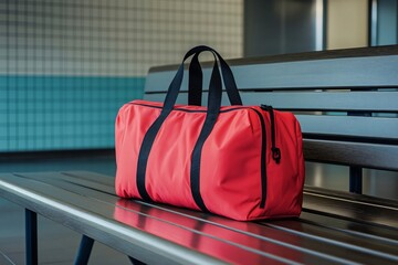 Red gym bag is sitting on a bench in a locker room, waiting for its owner to come back from the gym