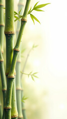 Fototapeta premium Elegant bamboo stems with fresh green leaves, captured in a minimalist composition against a soft beige background for a calming and nature-inspired design