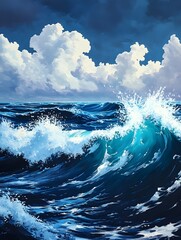 A dramatic wave texture with foamy white caps and deep blue ocean water. 