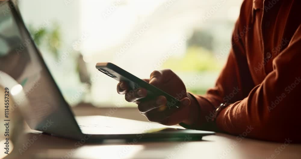 Poster hands, mobile phone and laptop in home office for communication, network and internet in remote work