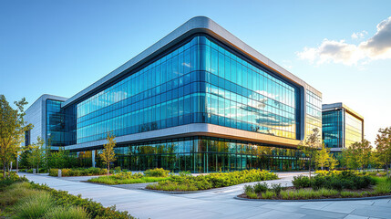 Modern Corporate Building Surrounded by Lush Green Landscaping under a Clear Blue Sky with Reflection of Clouds in Glass Windows