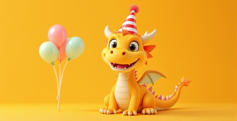 Fototapeta premium Happy Cartoon Dragon Celebrating Birthday with Colorful Balloons