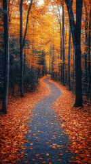 Fototapeta premium A serene forest path lined with tall trees adorned in vibrant autumn foliage, primarily in shades of orange and yellow.