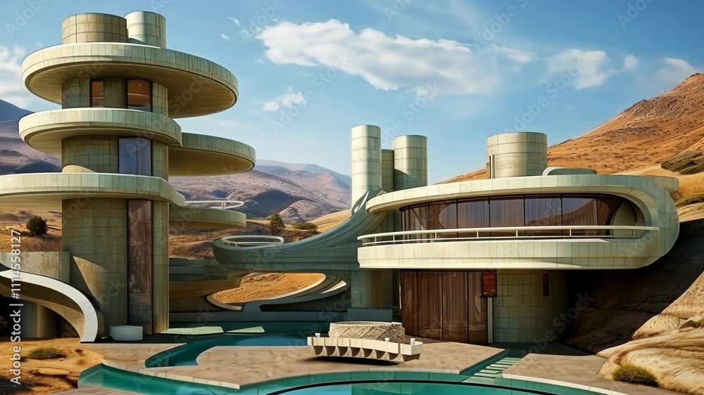 Poster Retro futuristic architecture in sci-fi scene on the desert planet. Alien landscape with nostalgic retro future constructions