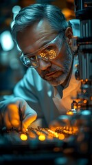 Naklejka premium a thoughtful middle-aged engineer monitors and analyzes conditions in a modern electronics factory with an automated robot working with the help of artificial intelligence software. 
