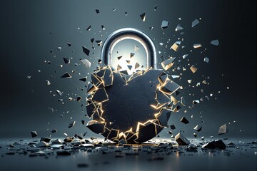 Explosive Breakthrough of a Padlock Surrounded by Shattered Pieces