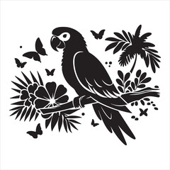 Obraz premium Create simple, bold-lined, black silhouette drawings of scary Halloween parrots participating in a variety of activities on a white backdrop. 