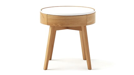 A wooden table with a white top