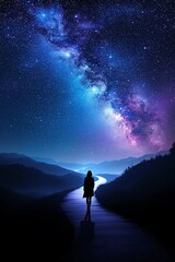 Fototapeta premium Woman Silhouette Under a Starry Night Sky with Cosmic and Galactic Elements
