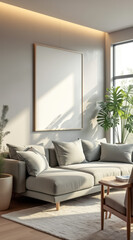 sunlit modern living room features a gray sectional sofa a blank frame on the wall.