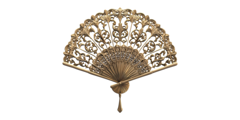 Decorative handheld fan with intricate pattern isolated on transparent background