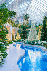 Fototapeta premium Christmas trees and lights in indoor garden greenhouse glasshouse with water feature, vertical