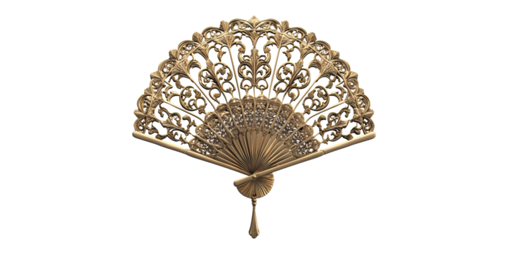 Decorative handheld fan with intricate pattern isolated on transparent background