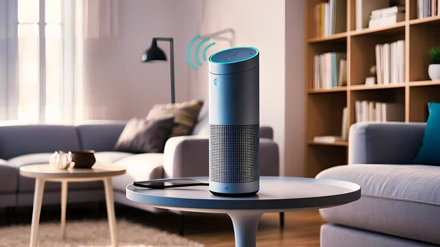 Modern smart speaker in a cozy living room setting with stylish decor

