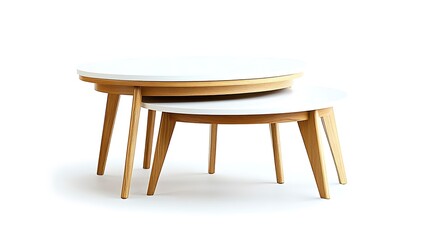 Two wooden coffee tables are placed on a white background