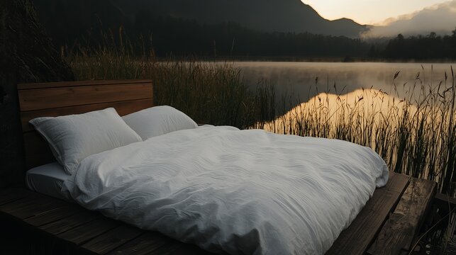 Serene bed by a tranquil lake at dawn, surrounded by nature's beauty.