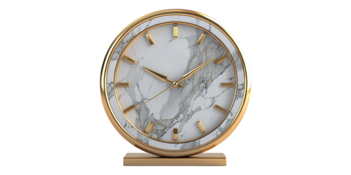 Elegant gold-rimmed marble clock design isolated on transparent background