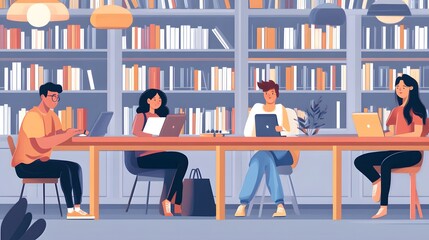 Diverse students working together in library