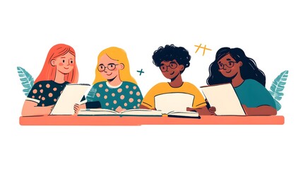 Group of diverse students studying together