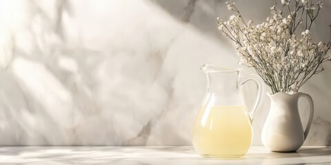 Traditional French pastis with a water jug on a marble background, text area, front view.