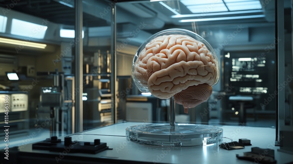 Poster human brain model displayed in modern laboratory setting