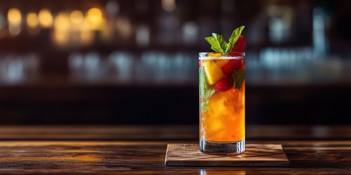 Vibrant Pimm&rsquo;s Cup cocktail with fruits and mint, wooden board background, ample text area, front view.