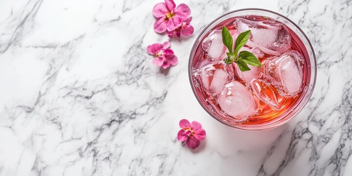 Floral St-Germain cocktail with garnish, marble background, ample space for text, front view.