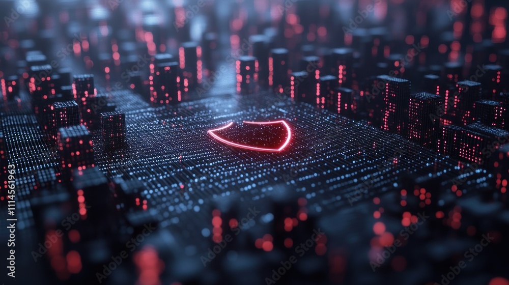 Poster digital cityscape protected by a red shield