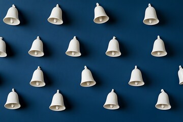 White christmas bells hanging on deep blue wall creating festive pattern