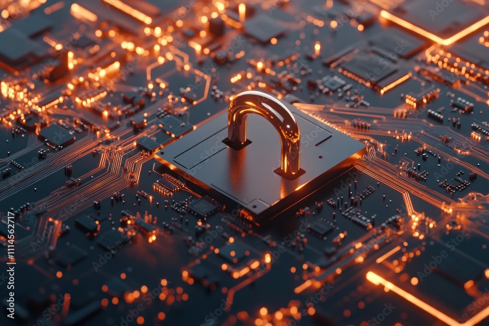 Poster cyber security padlock on circuit board technology
